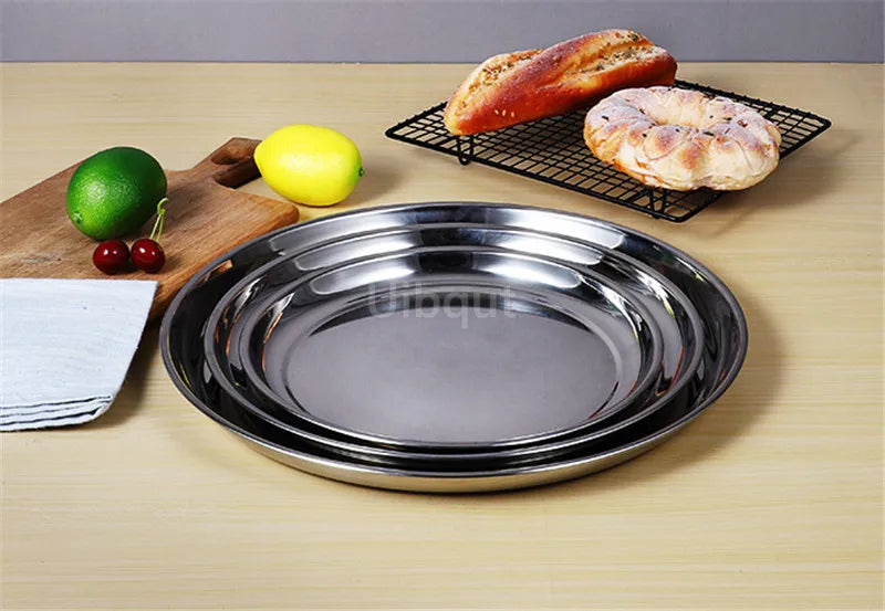 Thick Stainless Steel Plate round Large Disc Flat Bottom Shallow tray Extra Large Fish Head fruite meat Plate Restaurant Hotel