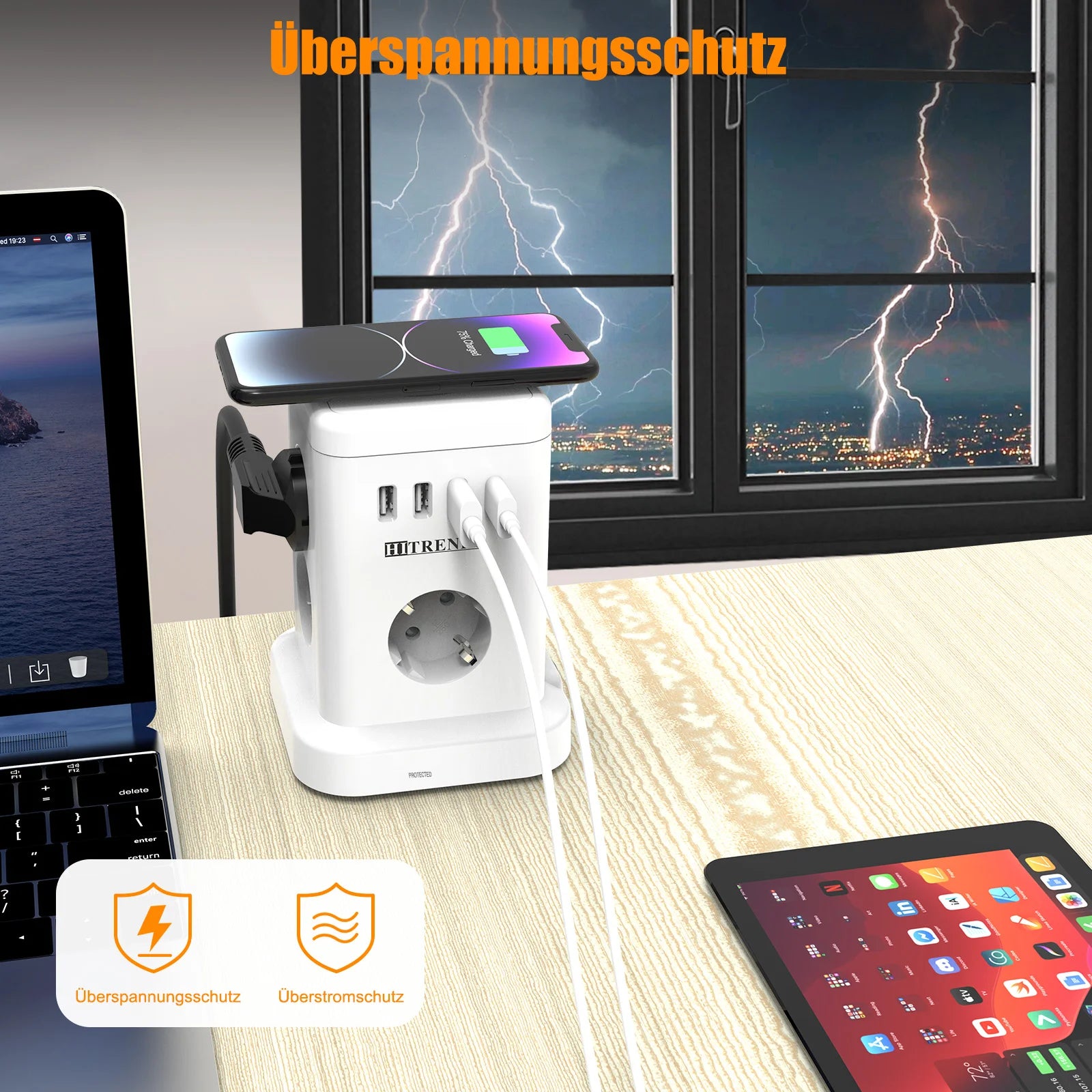 7/11AC EU plug Smart Power board with Wireless Charger 3 USB 1 Type c charging, 2m extension cable, Multiple Sockets for home