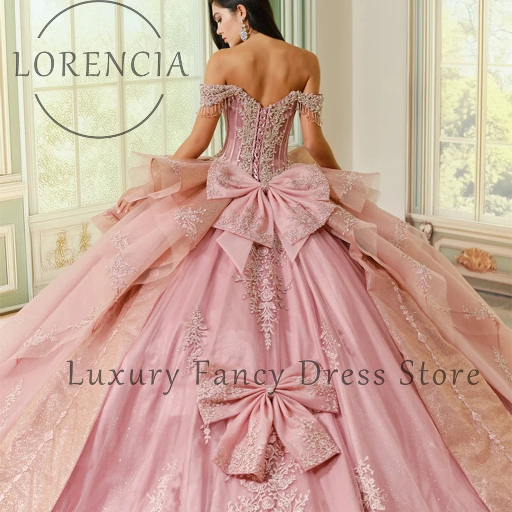 Princess Applique Quinceanera Dresses Bows Ruffles Sweet 16 Birthday Ball Gowns Customized Crystal Tulle vestidos de novia