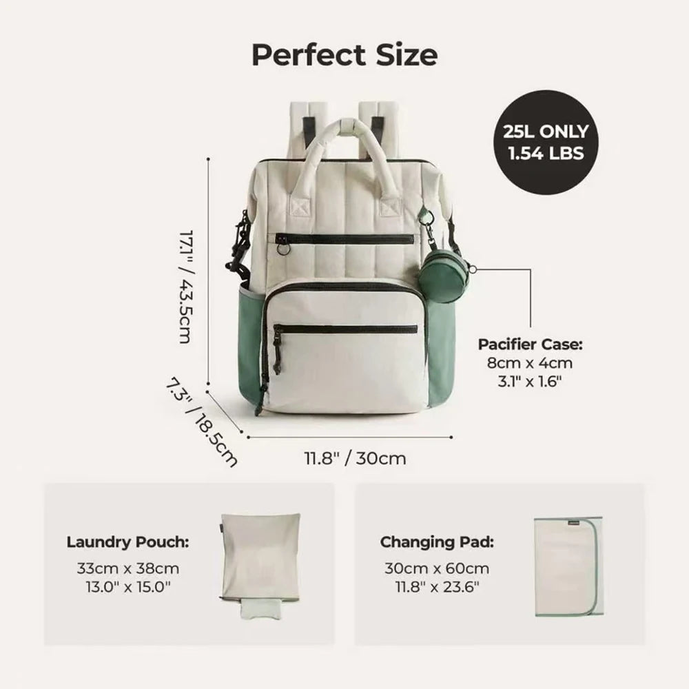 White and Green Contrast Backpack Diaper Bag