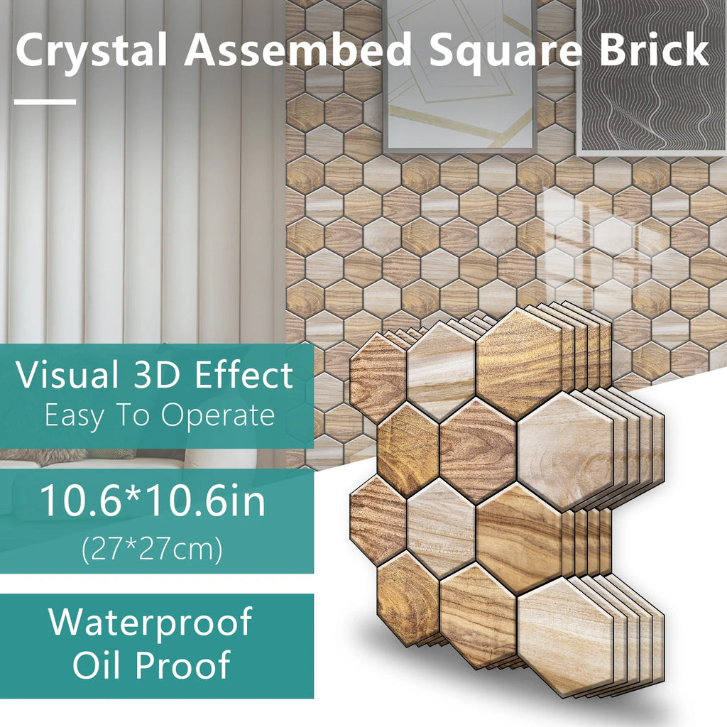 5 Styles Flat Hexagon Marble Embossing Tile Wall Stickers Oil-Proof Kitchen & Bathroom Washbasin Glossy Surface Decorative Mural