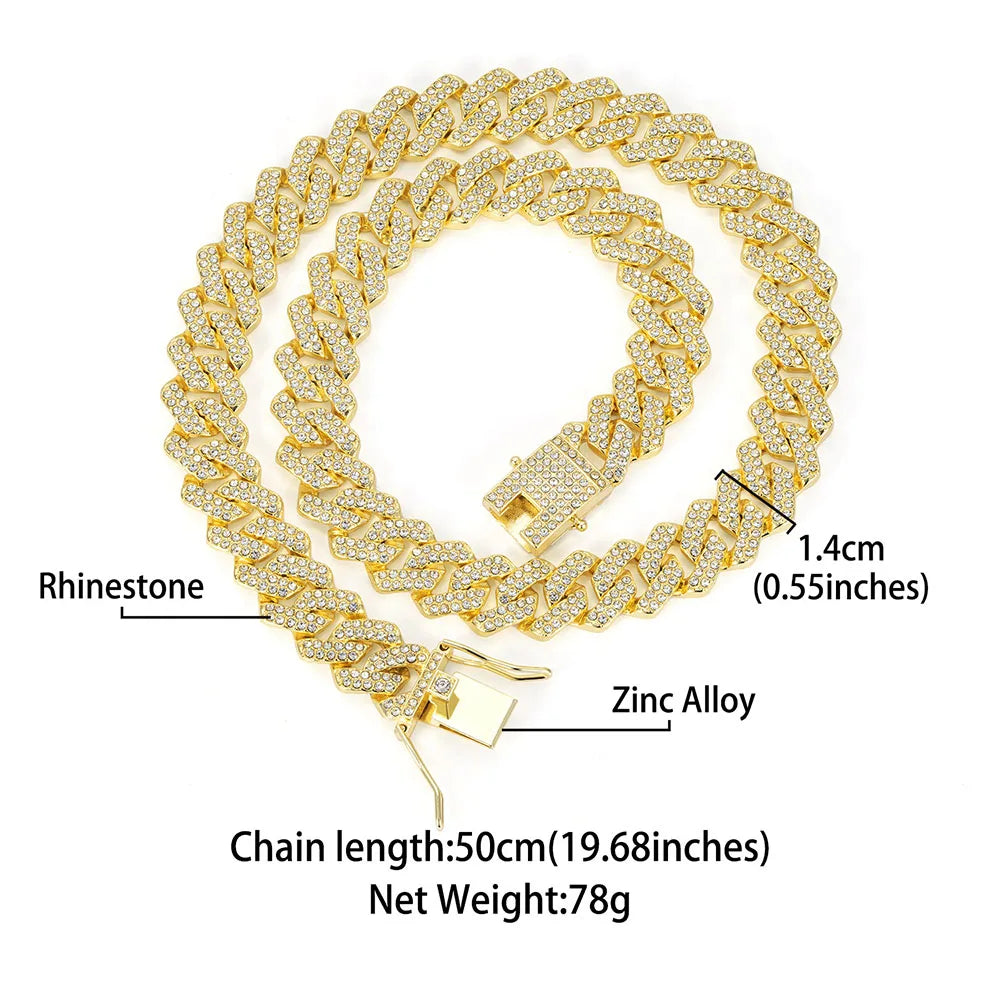 Fashion Hip Hop Square 14MM Cuban Link Necklace Men Gold Color Women Rhinestone Iced Out Cuban Chain Punk Jewelry Necklaces Gift