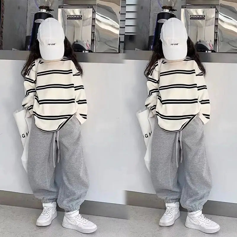 Spring Autumn Girls Cotton Contrast Striped Workout Sweatshirt+Sweatpant Sets School Kids Tracksuit Child Jogging Outfit 5-16Yrs