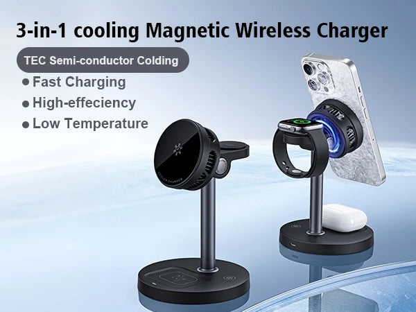 3-in-1 Magnetic Wireless Charger Stand with TEC Semiconductor Cooling, 15W for iPhone 17 16 15 14 13 12, iWatch & for AirPods