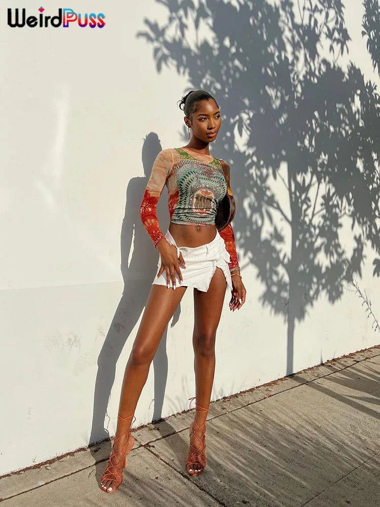 Weird Puss Dollar Print Women Long Sleeve Crop Tops Y2K Fashion