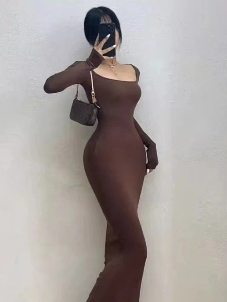 Ribbed Solid Long Sleeve Square Neck Skinny Bodycon Dress