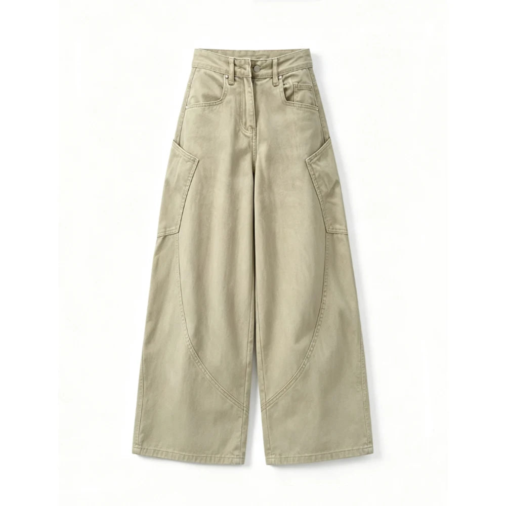 Women's Khaki Baggy Y2K Gyaru Jeans Retro Wide Leg Straight Denim