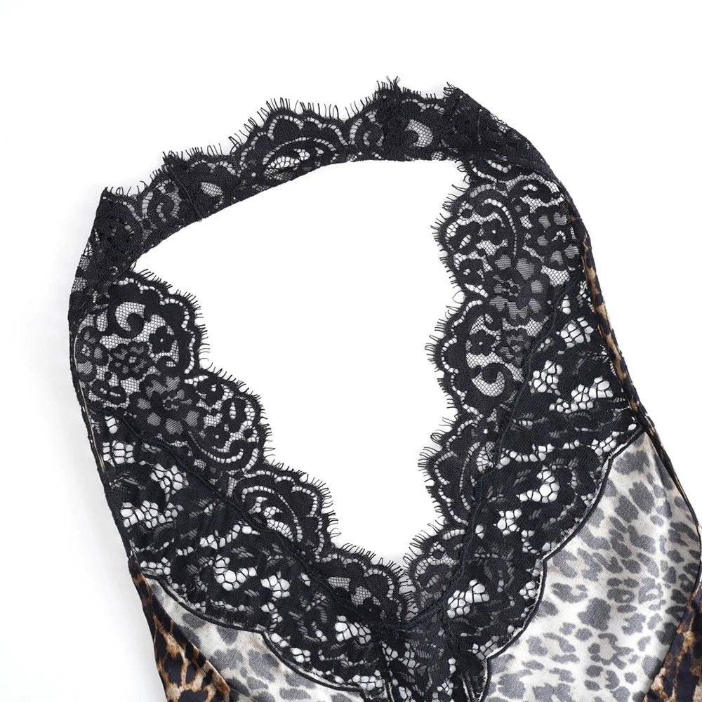 Women Leopard Print Halter Cami Top Lace Trim v Neck Sleeveless