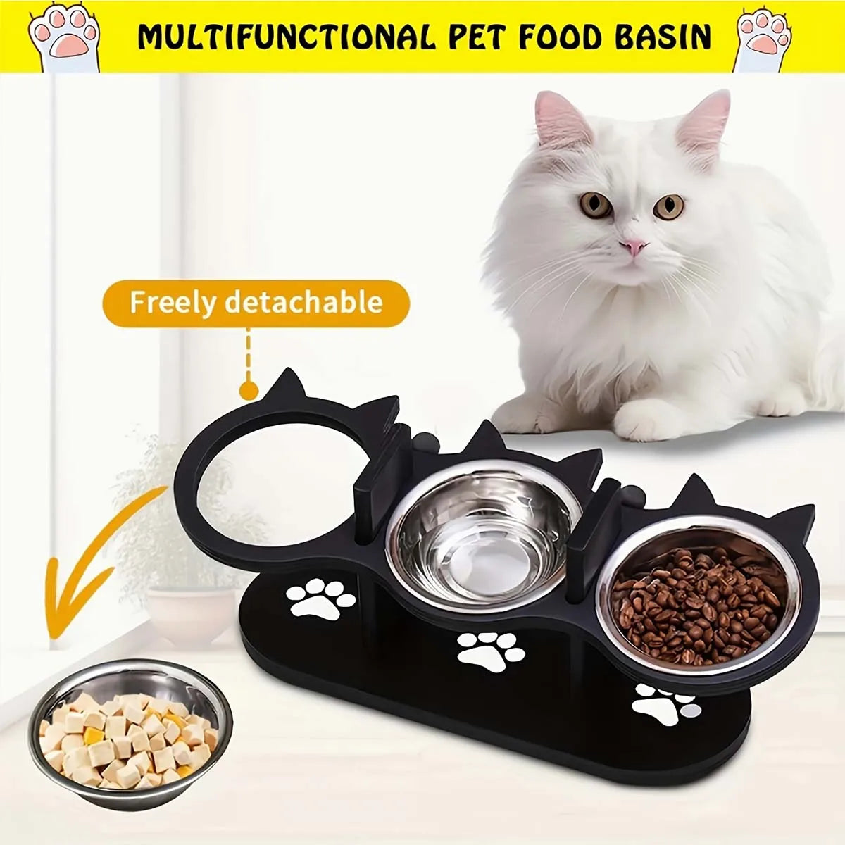 Elevated Cat Bowls Raised Cat Food Bowls 15° Tilted Pet Bowl With 3 Stainless Steel Bowls Wood Bracket For Cats Puppy Small Dogs