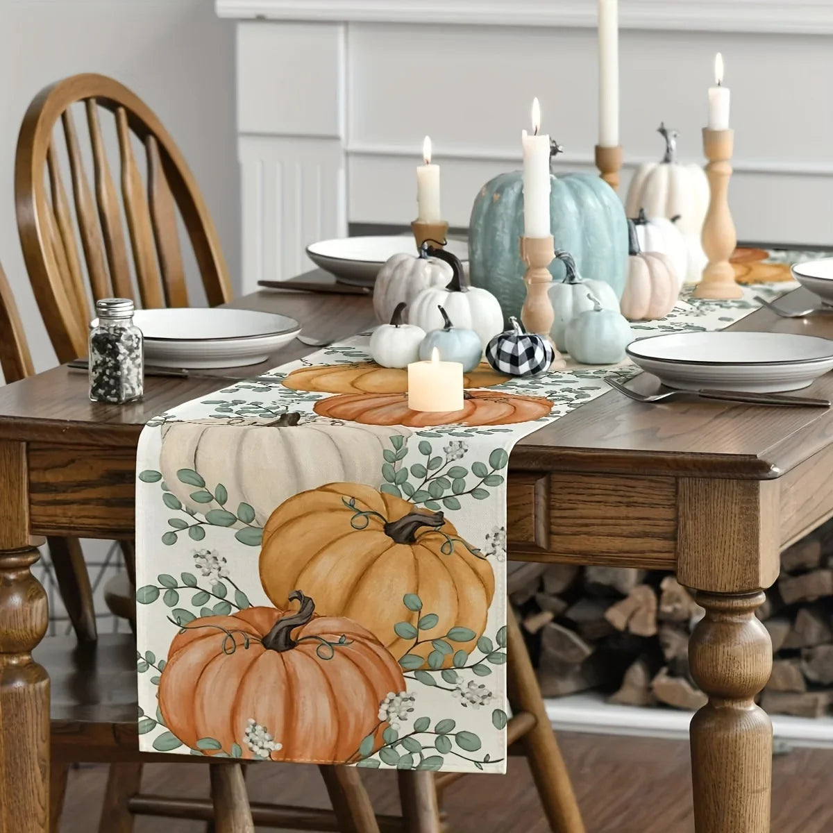 Orange Pumpkins Eucalyptus Leaves Fall Table Runner, Autumn Thanksgiving Christmas Halloween Kitchen Dining Table Decoration