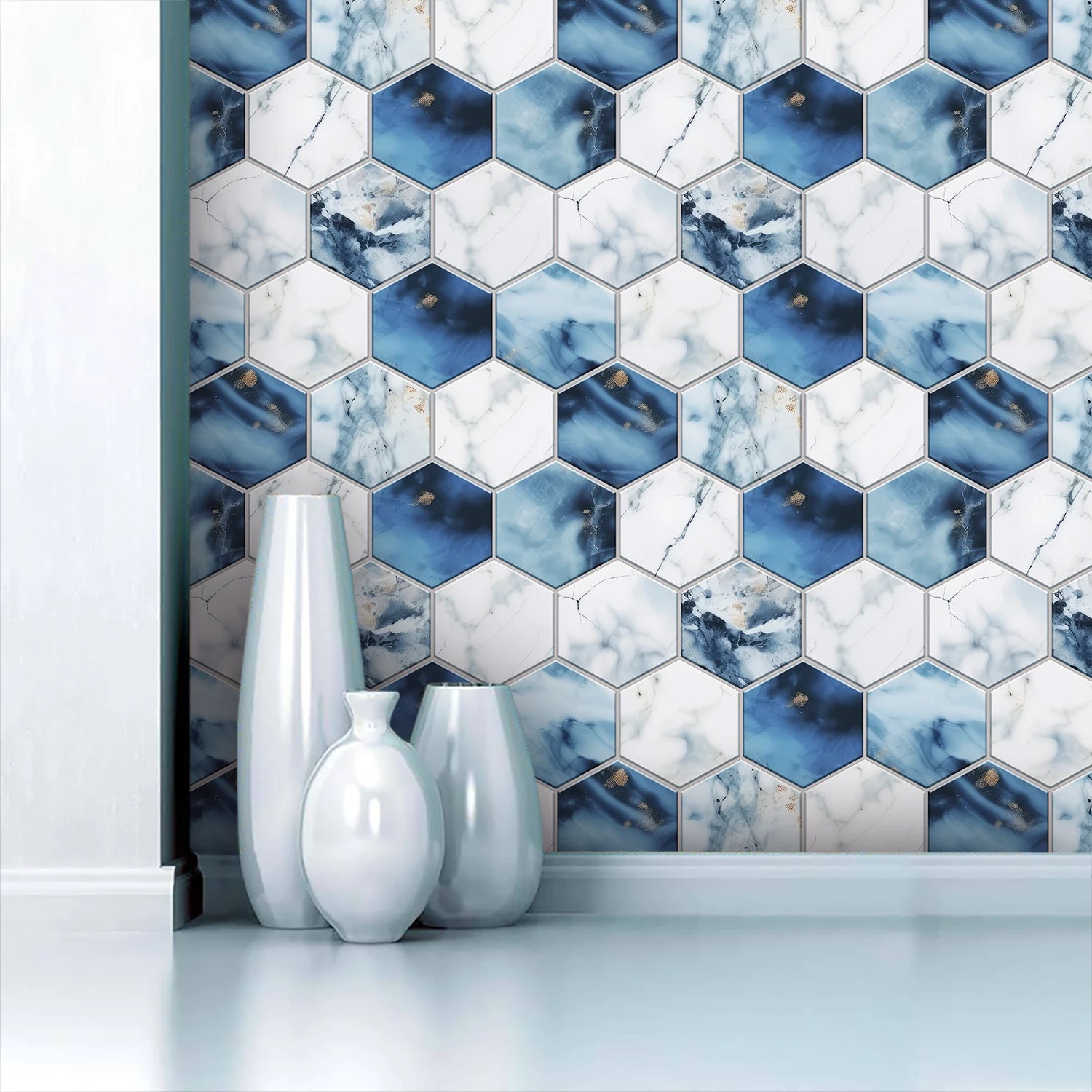 5 Styles Flat Hexagon Marble Embossing Tile Wall Stickers Oil-Proof Kitchen & Bathroom Washbasin Glossy Surface Decorative Mural