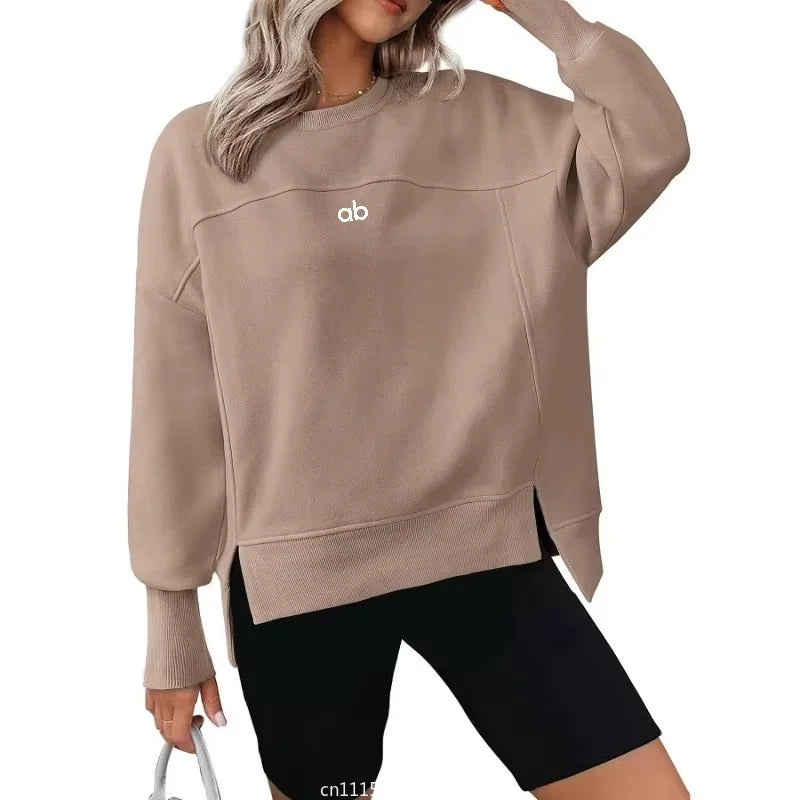 Women Autumn Winter Crew Neck Sweatshirt Long Sleeve Split‑hem