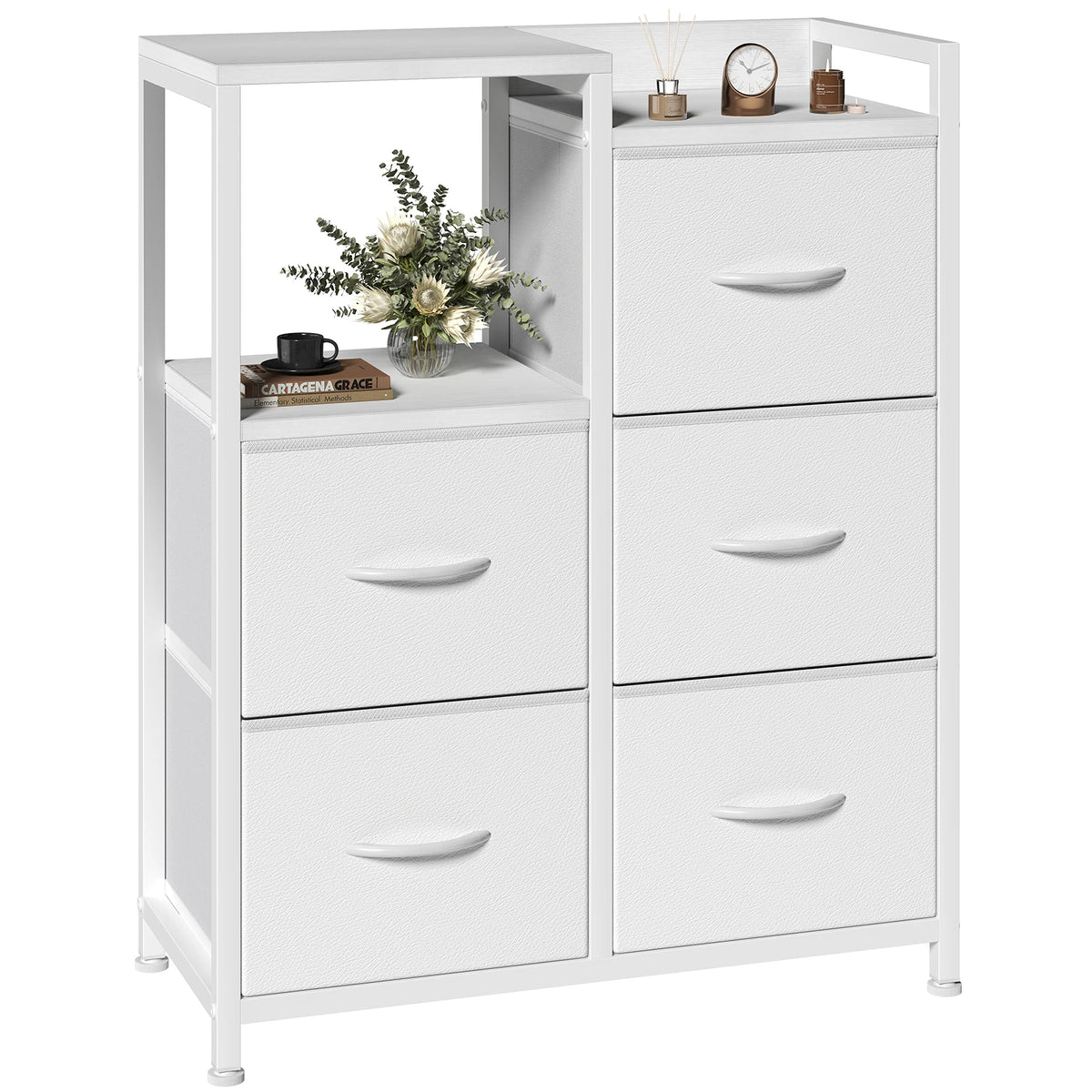 JHK 5 Fabric Drawer Chest with Raised Shelf Metal