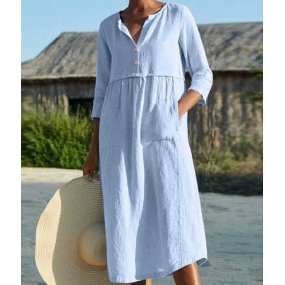 Cotton Linen Dress For Spring Summer Women's New Casual Cotton Round Neck Button Pocket Mid Sleeve Solid Color Dress