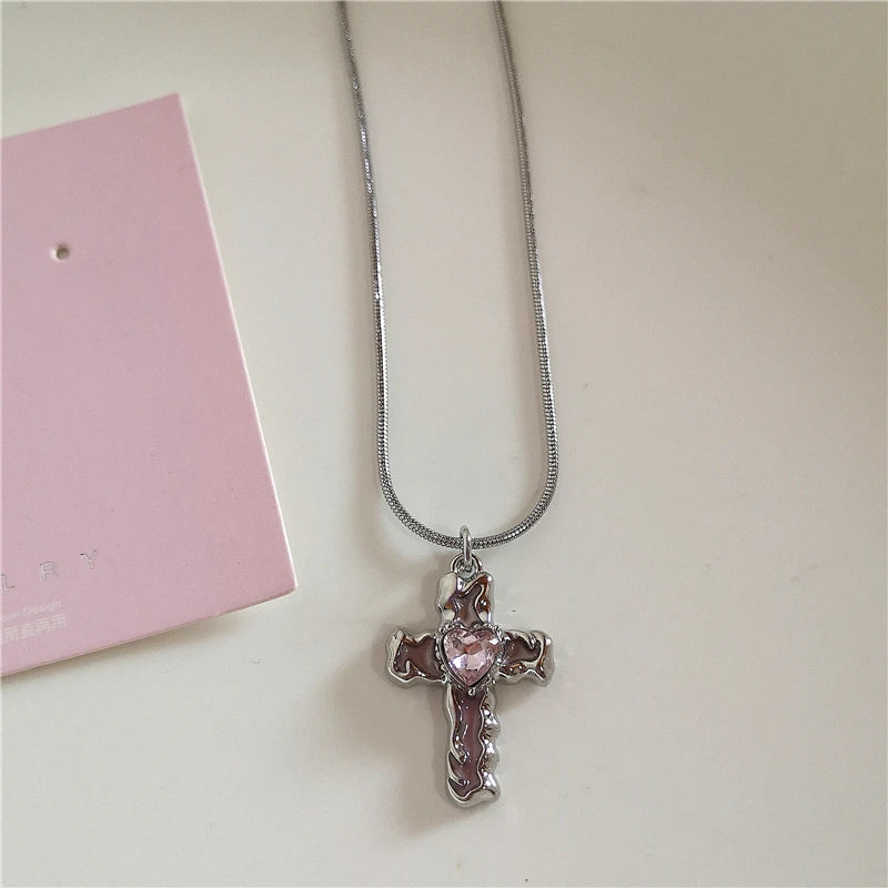 Kpop Vintage Pink Heart Bowknot Pendant Stainless Steel Snake