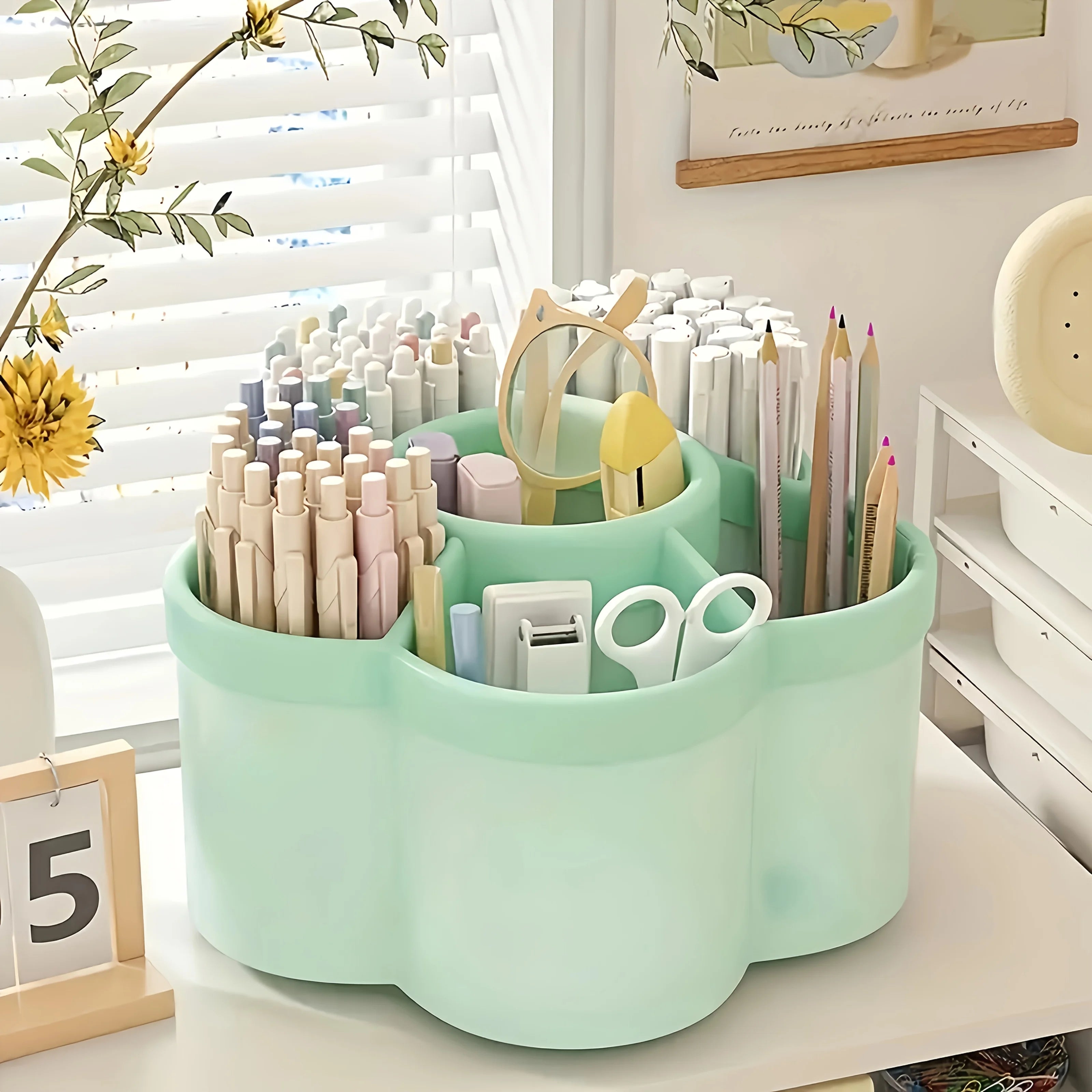 360° Rotating Desk Organizer, 6-Compartment Desktop Pen Holder, Plastic Office Supplies Storage Box for Desk, School and Home