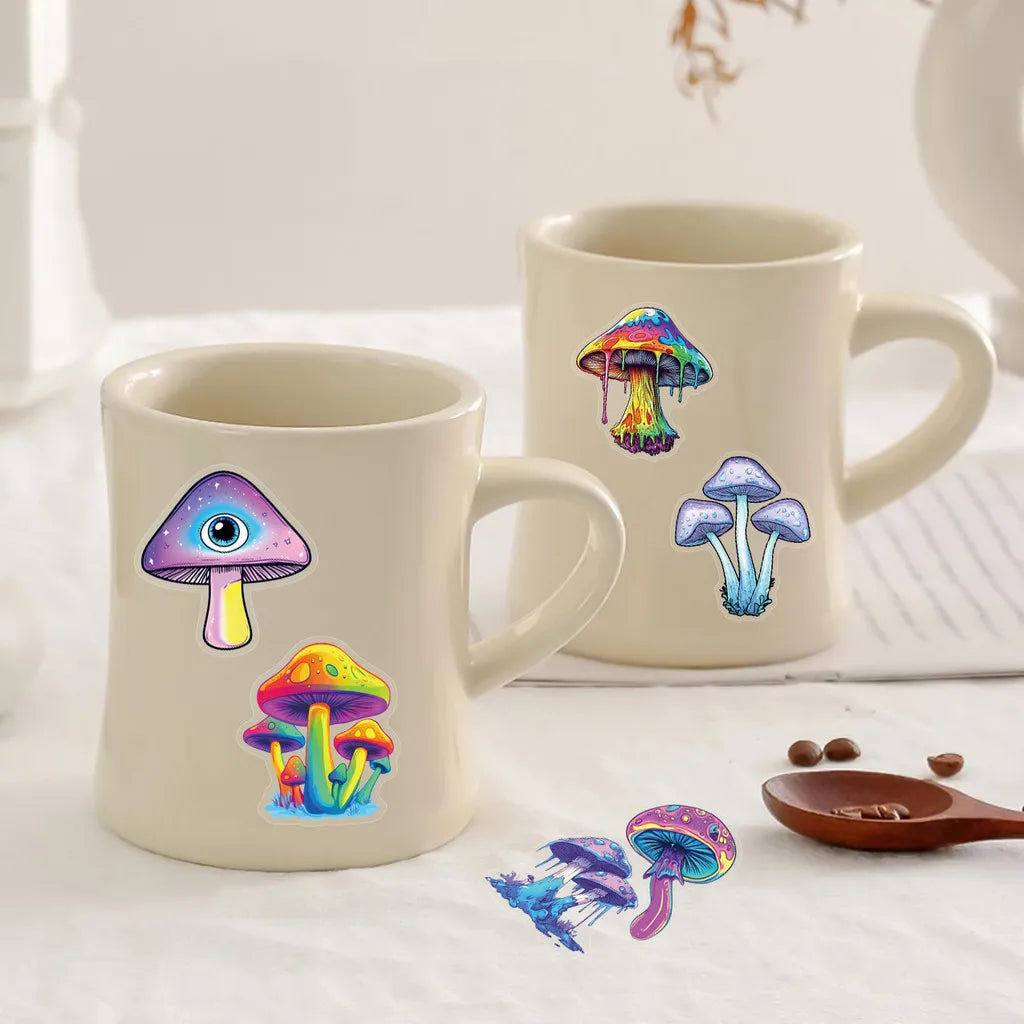 50 Pcs Transparent Iridescent Mushroom Stickers - PET Decorative Decals for Notebooks, Phone Cases, Tablets, Motorcycle