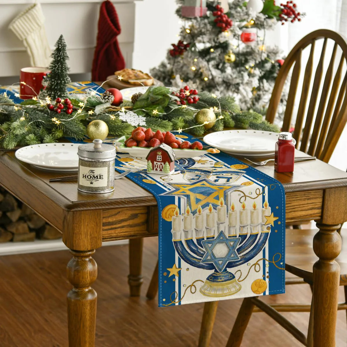 Menorah Hexagram Dreidel Hanukkah Table Runner, Chanukah Holiday Kitchen Dining Table Decoration for Home Party Decor