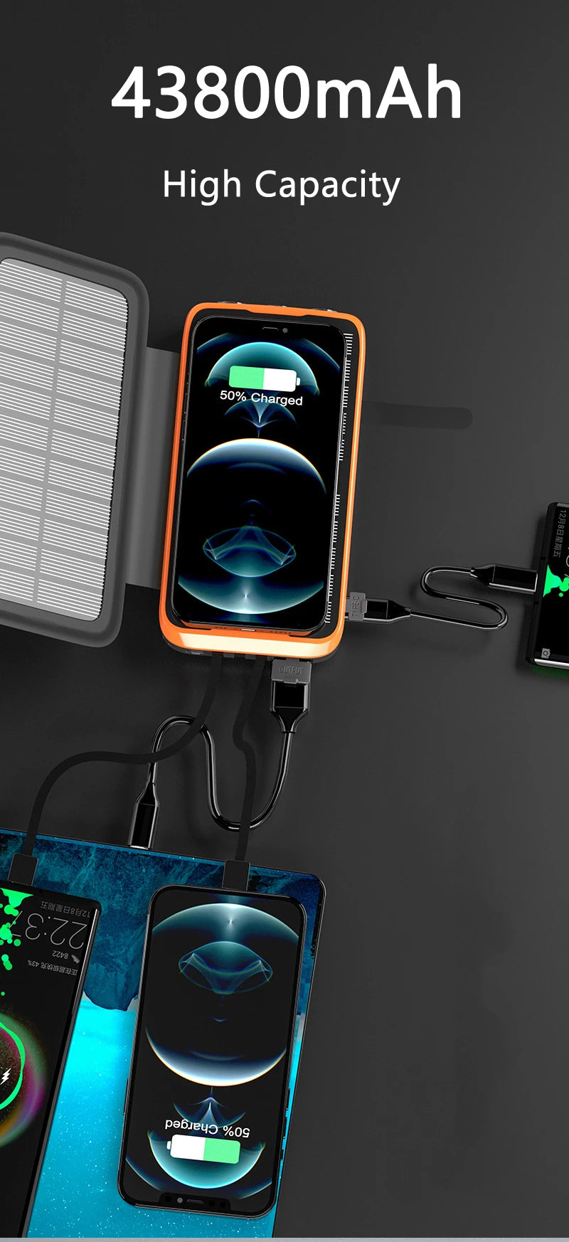 43800mAh Solar Power Bank Quick Wireless Charger External Battery Pack PD 20W Powerbank Built Cables LED Light for iPhone Xiaomi