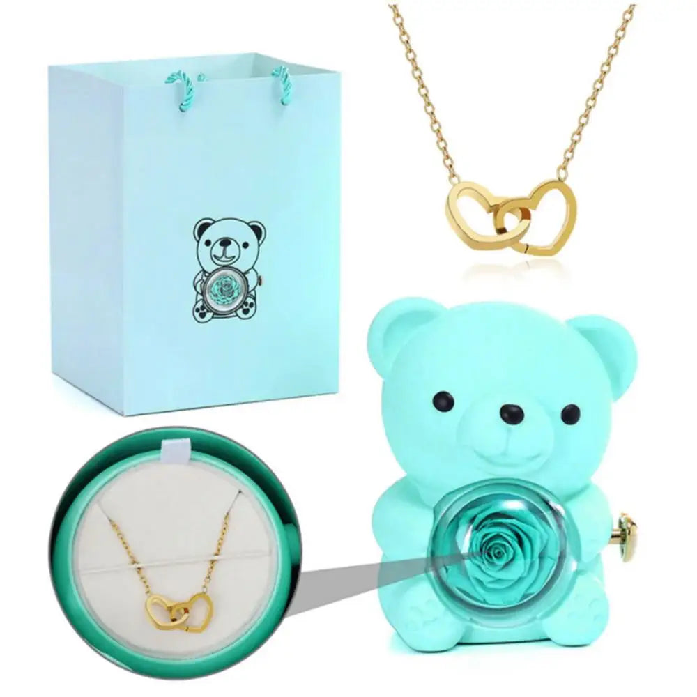 Bear Necklace Case Romantic Bear and Rose Jewelry Box Hug Bear Decoration Necklace Box Rose and Rotating Bear Case with Double