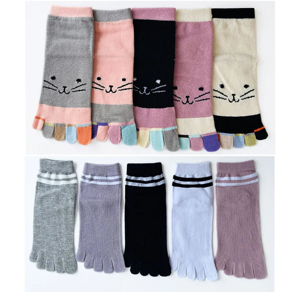 Cute Short Toe Socks Women Girl Cotton Striped Cat Love Fashion Sweat-Absorbing Anti-Bacterial Breathable Warm Five Finger Socks