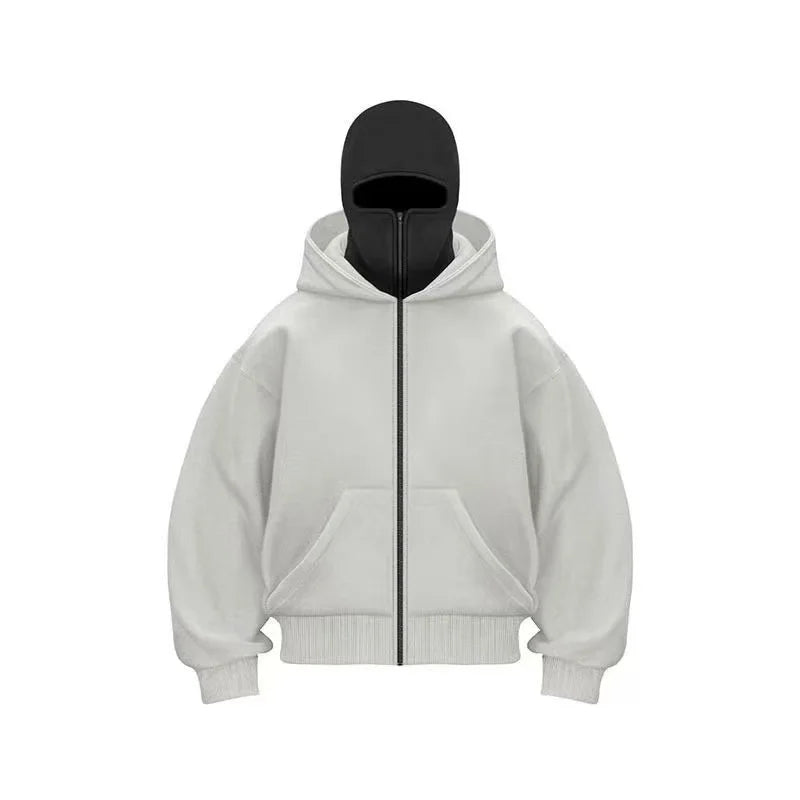 Balaclava Men Zip Hoodie Winter Warm Casual Sweatshirt Y2K with