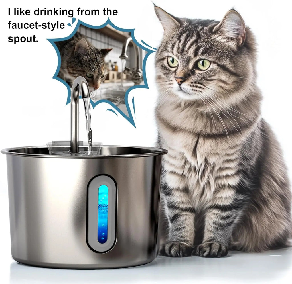 OYES 2.2L round Automatic Cat Water Fountain Stainless Steel Pet Water Feeder with Window for Dogs And Cats Pet Supplies