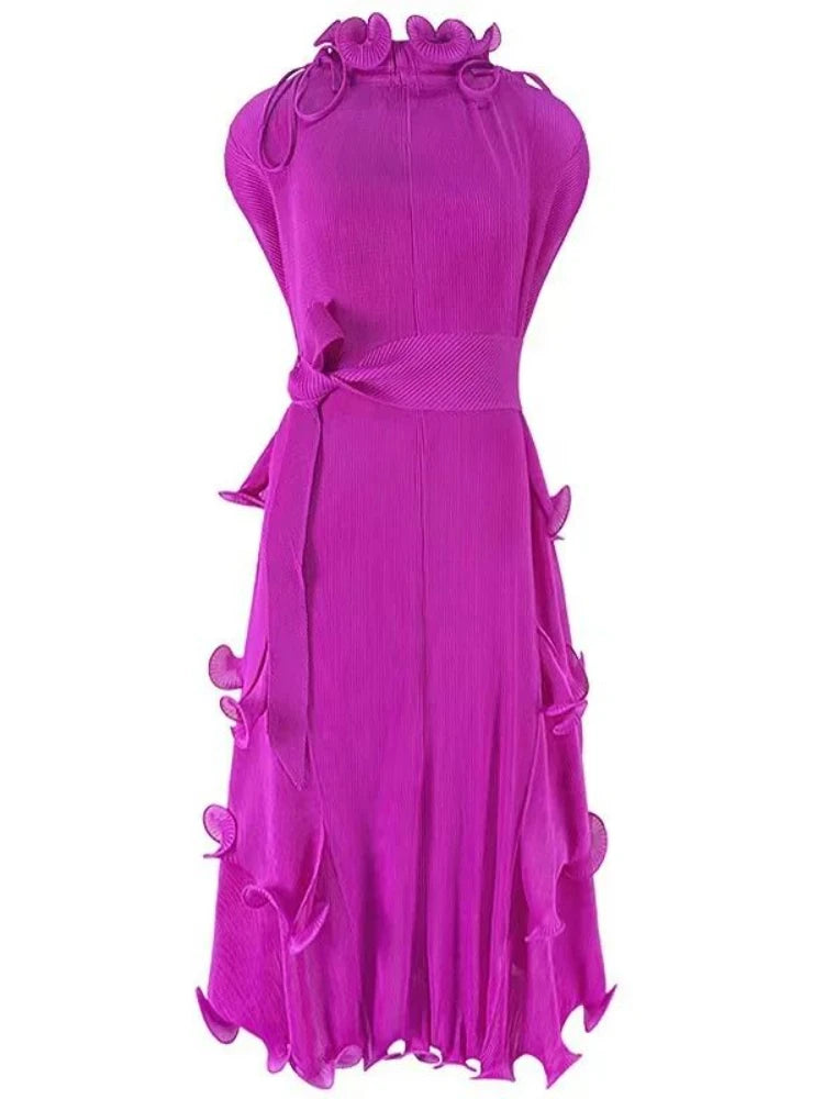 EGRM 2026 New Miyake Pleated Women Dress Solid Agaric Lace Bottom Skirt with Belt Loose Fashion Female Clothing Summer 8RM2715