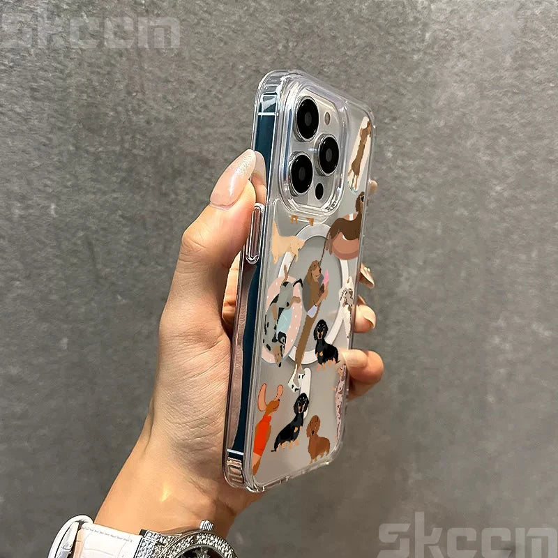 Cute Dachshund Bulldog Pattern Magnetic Phone Case For iPhone 17 16 15 14 13 12 11 Pro Max 16E X XS XR Clear Hard Cover