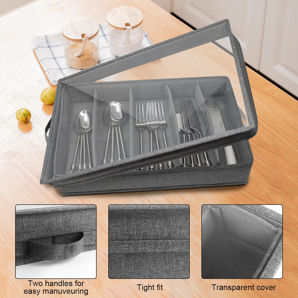 Flatware Storage Case with PVC Lid 5 Compartment Foldable Utensil Storage Box Silverware Storage Box Chest Portable Cutlery Box