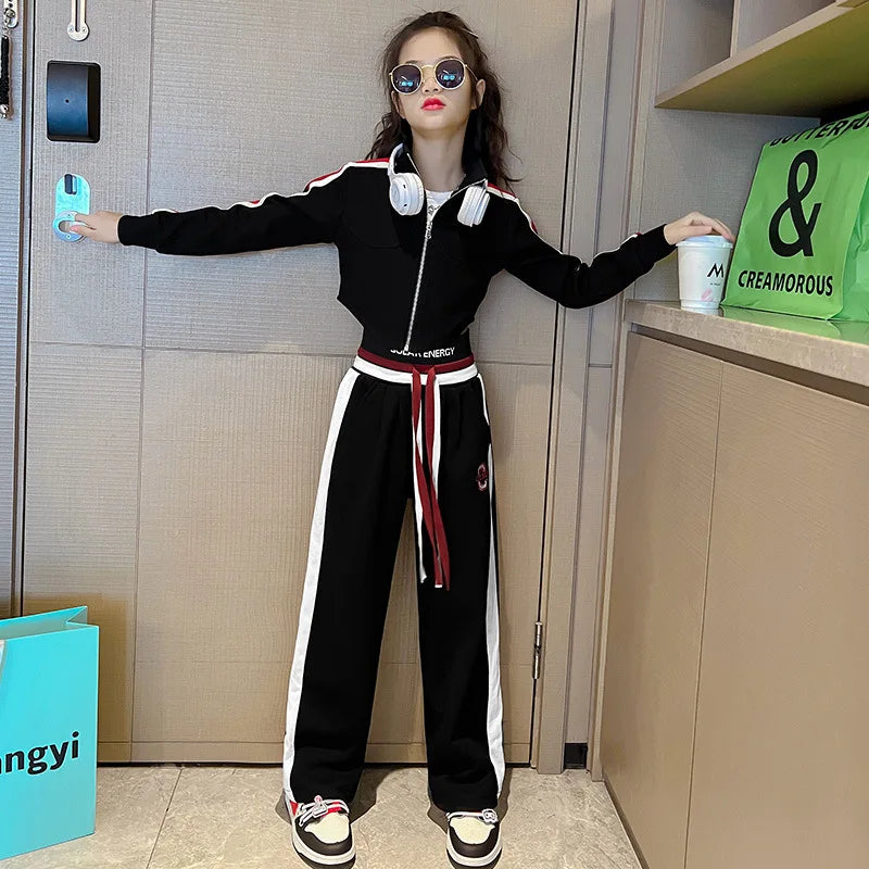 Spring Autumn Girl Striped Cropped Full Zip Sweatshirt+Loose Drawstring Sweatpant Set School Kids Tracksuit Child Outfit 3-16Yrs