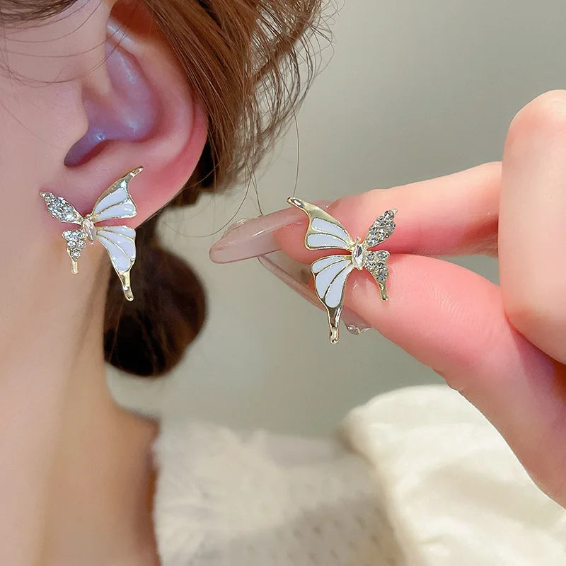 Fashion Cute Butterfly Stud Earrings for Women White Enamel Oil