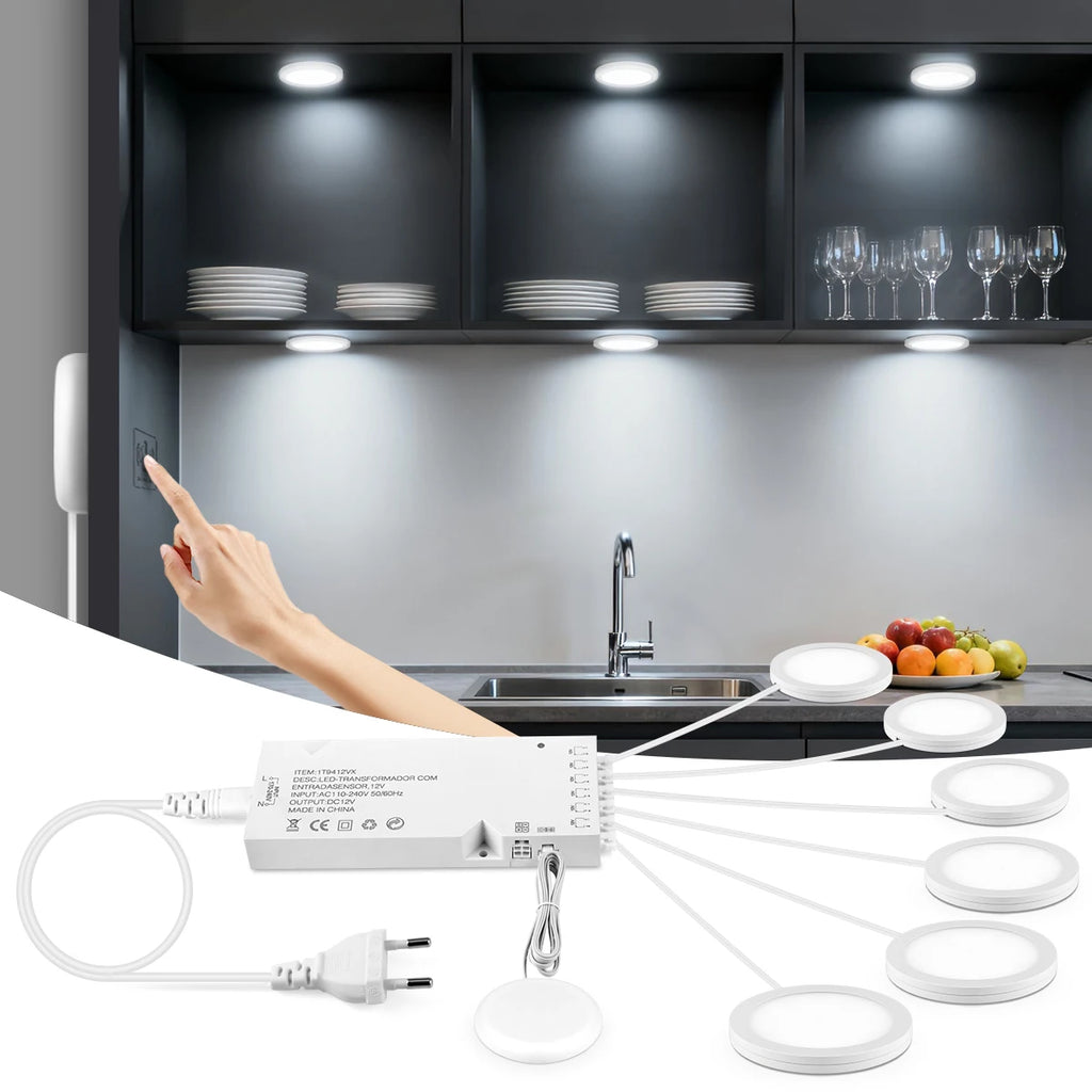 Kitchen Under Cabinet LED Puck Lights Ultra-Thin Stick-on Ceilling Lamp Touch Dimmable For Closet Display Shelf Pantry Lighting