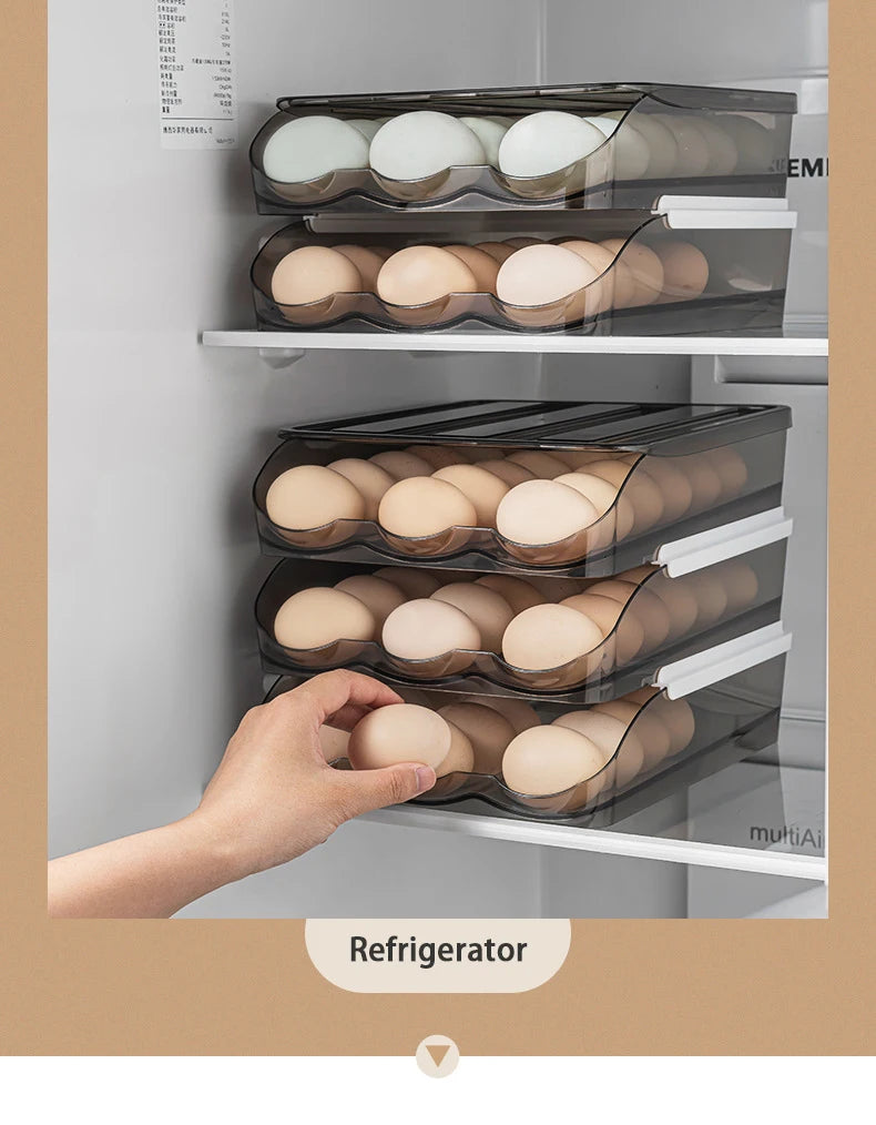 Automatic Slide Egg Storage Box Transparent Drawer, Stackable Rolling Eggs Rack Egg Tray Holder Basket, Kitchen Fridge Organize