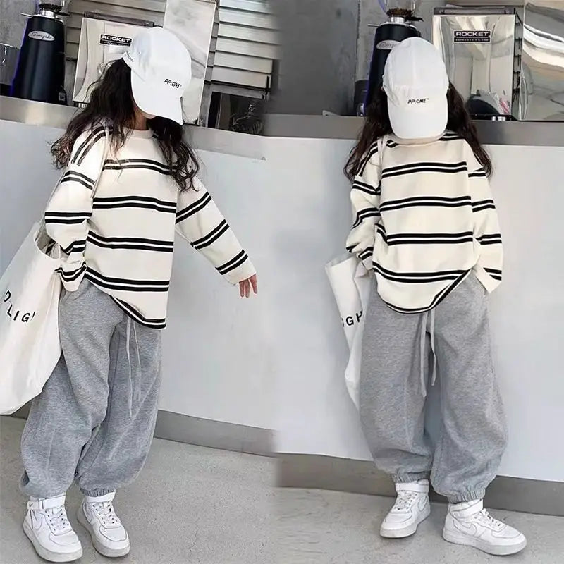 Spring Autumn Girls Cotton Contrast Striped Workout Sweatshirt+Sweatpant Sets School Kids Tracksuit Child Jogging Outfit 5-16Yrs
