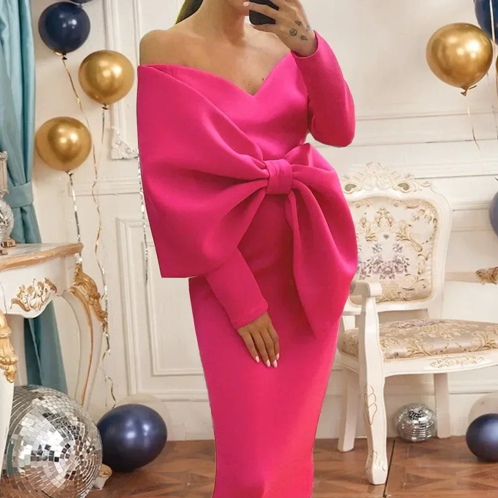 Deep V Bow Dress for Women High-waisted Fashion Female Slit Long Dresses Butt Wrap Party Plus-size Women's Clothing Vestidoes