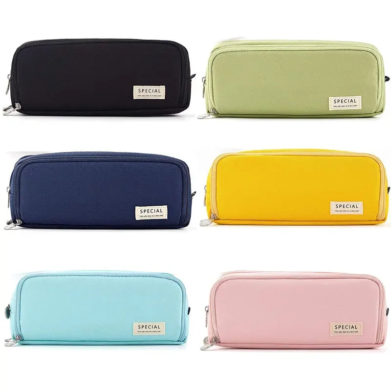 Large Storage Pencil Case-3-Compartment Bag, Double-Side Open, Student Stationery, Desk Organizer for School Use