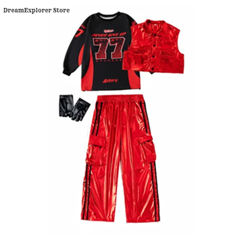 Boys Hip Hop Sweatshirt Shiny Vest Street Dance Cargo Pants Girls K-pop Clothes Set Kids Jazz Red Costumes Children Streetwear