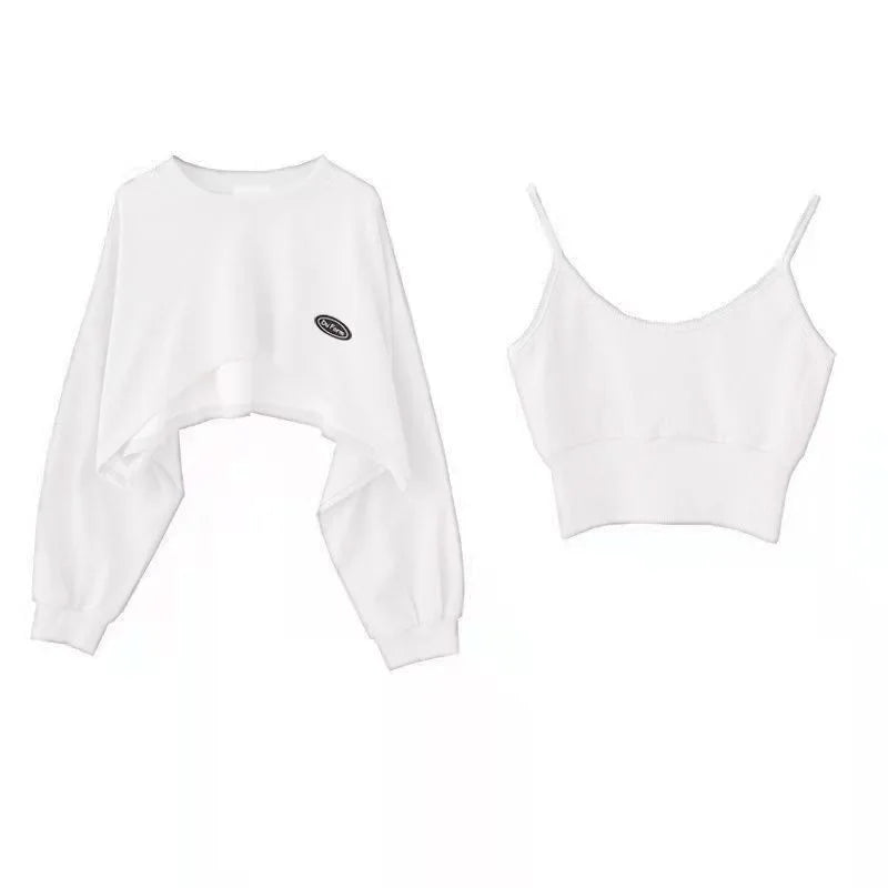 Oversized Crop Sweatshirt and Spaghetti Strap Top Women's Streetwear 2 Piece Set 4 Color Options Sweatshirts Kpop Casual Clothes