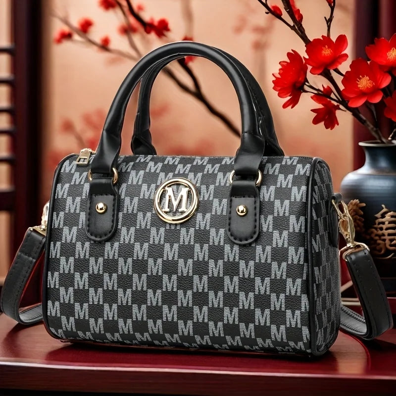 Women Alphabet Shoulder Bag with Golden M Logo Leather