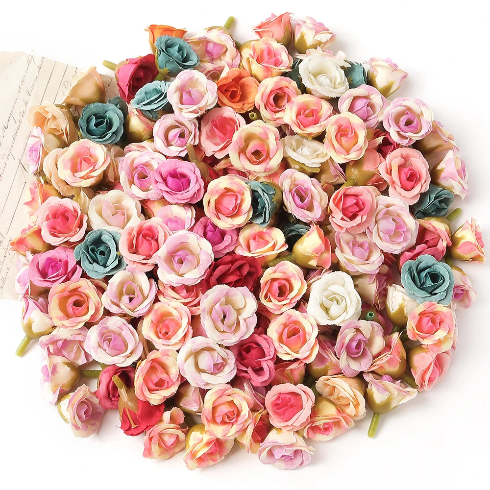 100Pcs Mini Silk Rose Artificial Flowers Head Fake Flowers For Home Decor Wedding Decoration DIY Bride Wreath Gifts Accessories