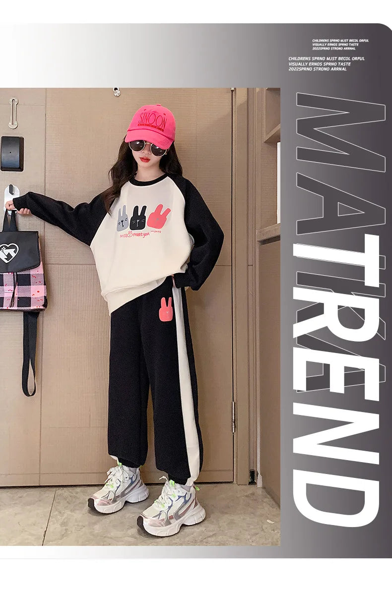 Girls Cotton Contrast Cartoon Alphabet Loose Sweatshirt+Sweatpant School Kids Tracksuit Child Jogger Outfit Workout Sets 5-16Yrs