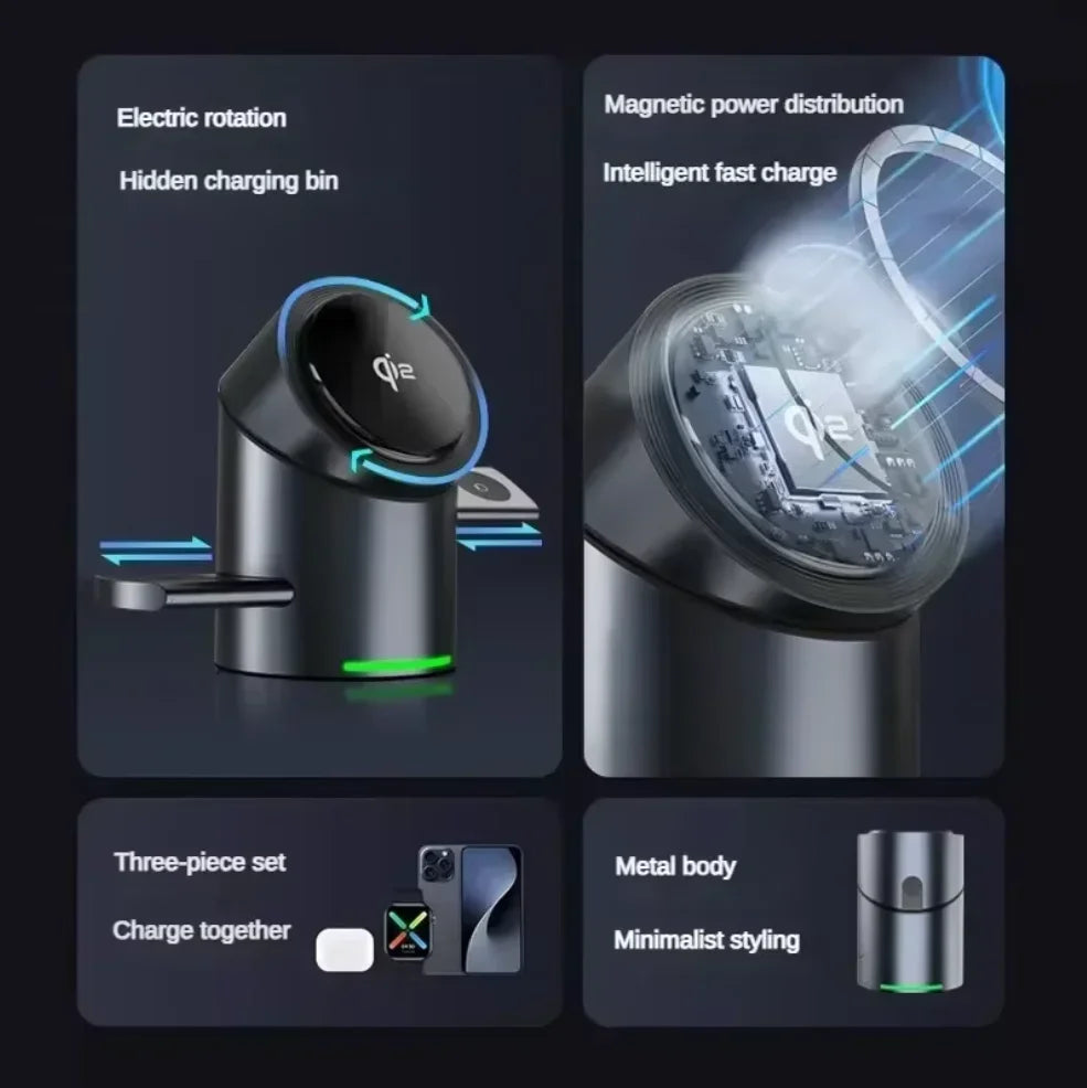 New Truly Qi2 3In1 15W Magnetic Touch Button Wireless Charger for Iphone Android IOS Phones Smart Watches Fast Charging Station