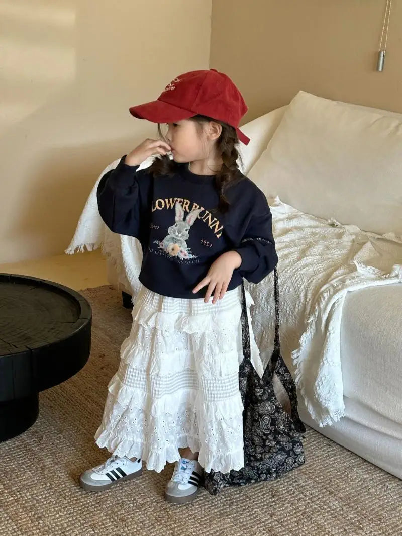 Korean Girls 2024 Navy Blue Cute Rabbit Sweatshirt+ White Lace Cake Skirt Girl 2pcs Cotton Set Fashion Baby Spring Autumn Outfit