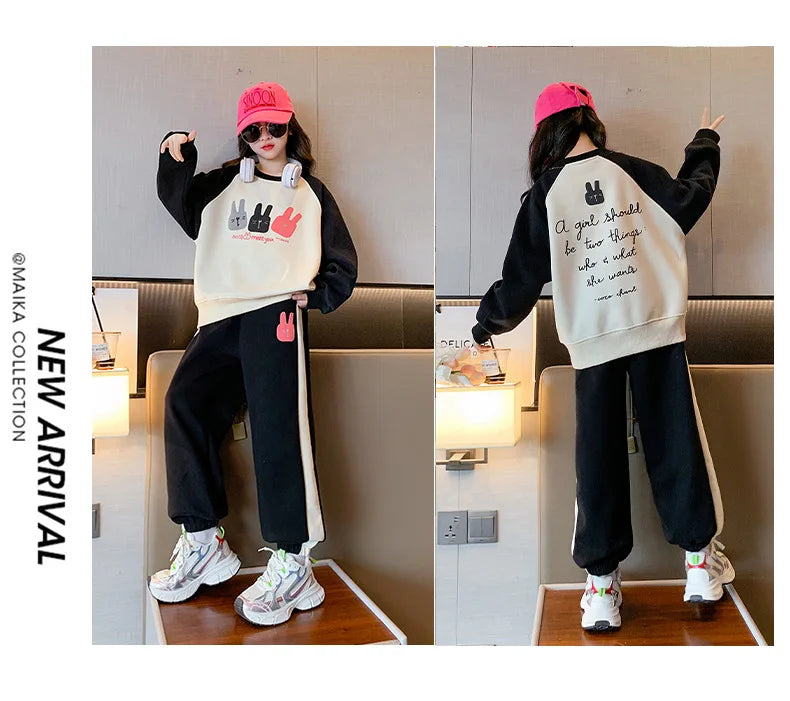 Girls Cotton Contrast Cartoon Alphabet Loose Sweatshirt+Sweatpant School Kids Tracksuit Child Jogger Outfit Workout Sets 5-16Yrs