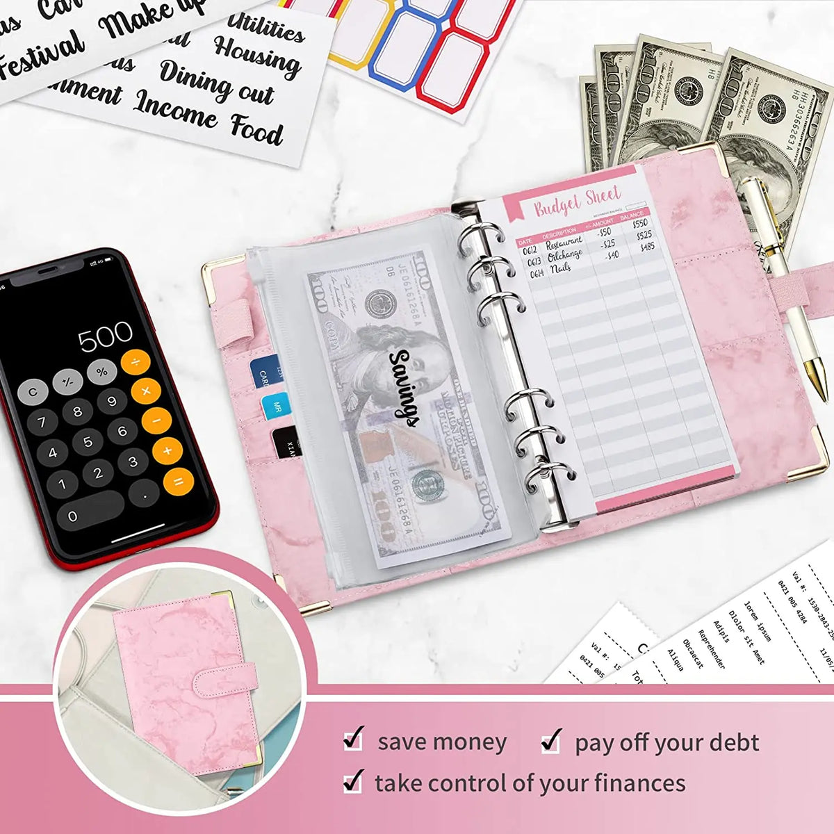 A6 Money Saving Organizer PU Leather Budget Binder Marble