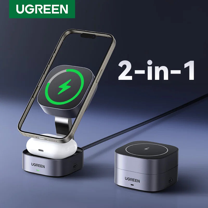 BR Sale UGREEN 15W Magnetic Wireless Charger 2-in-1 Charging Stand For iPhone 16 17 Pro Max/AirPods For Magsafe Fast Charger