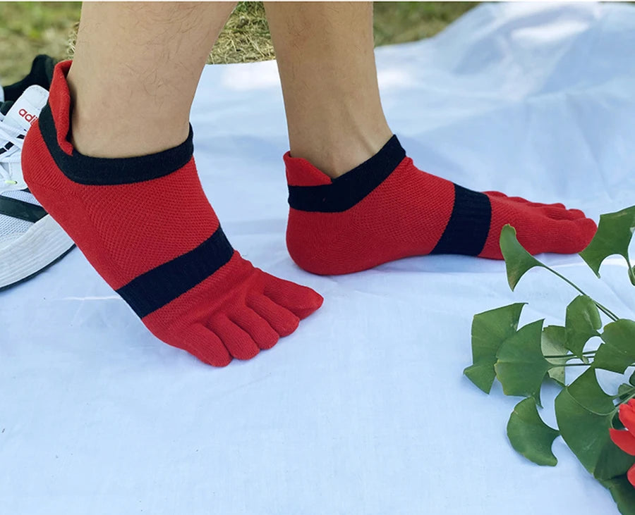 1/5 Pairs Men's Mesh Toe Socks Color Block Striped Low Cut Five Finger Running Sport Socks Breathable Anti-Bacterial Toe Socks