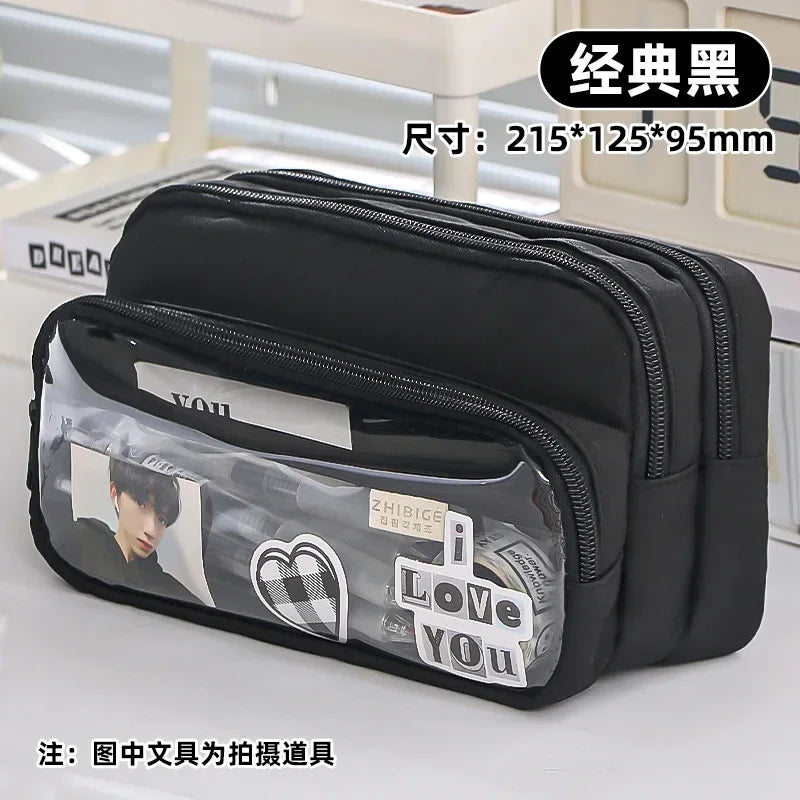 Kawaii Pencil Bag Large Capacity 3 Compartments Pencil Case Pen Pouch Desk Organizer School Supplies Cute Korean Stationery