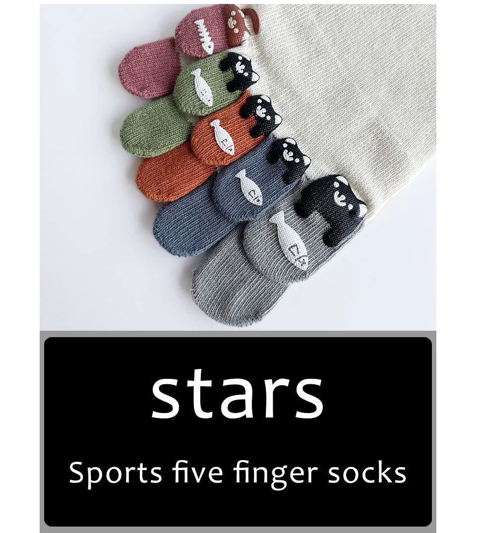 1/5 Pairs Toe Socks Women Girl Cotton White Cute Cartoon Bear Fish Print Soft Beautiful Fashions Ankle Boat Five Finger Socks